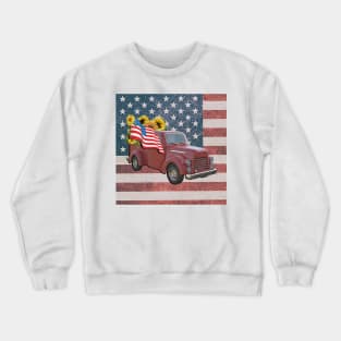 Vintage Pickup Truck Design, Sunflowers & USA American Flag Crewneck Sweatshirt